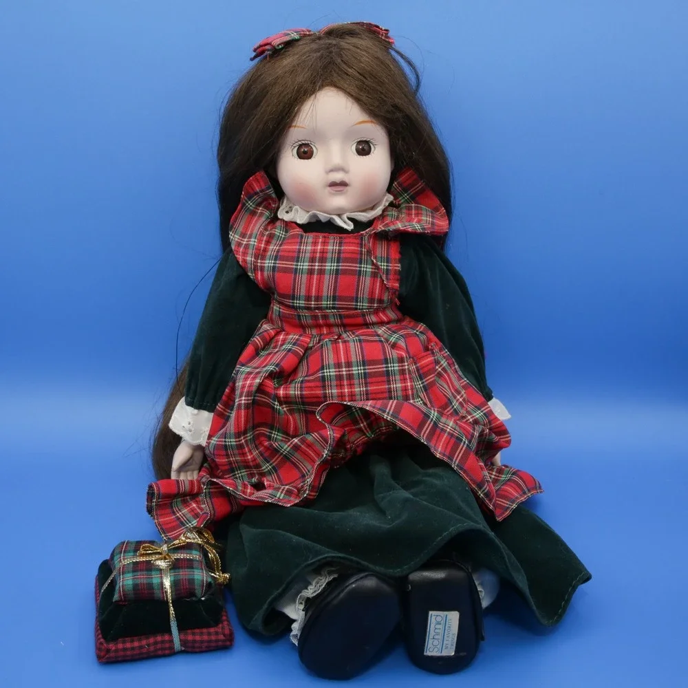 Schmid Porcelain Music Doll Girl OS Green Red Good Plaid Velvet Vintage Musical